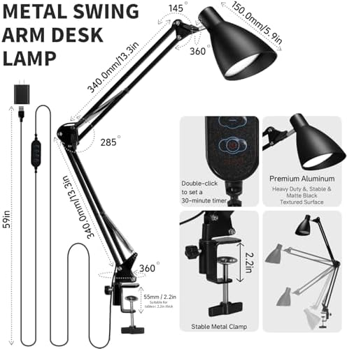 Swing Arm Desk Lamp with Clamp, 5 Color Modes, Black