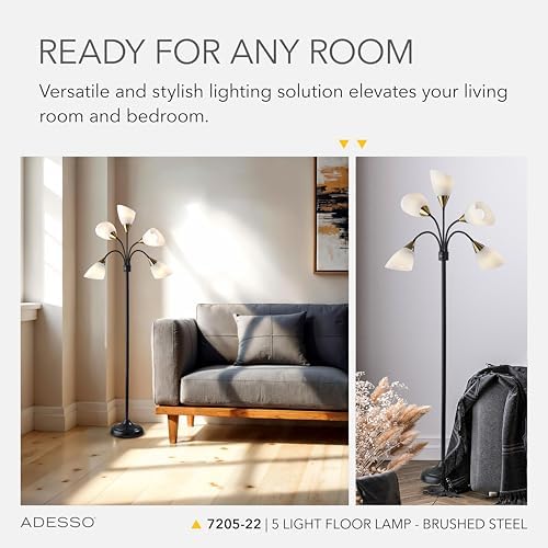 Adesso Floor Lamp, 5 Movable Shades, Brushed Steel Finish