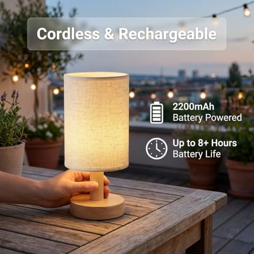 Small Cordless Rechargeable Table Lamp, Natural Wood Base
