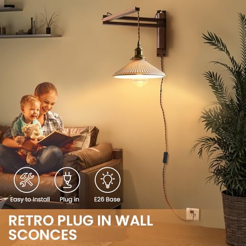 Walnut Plug-in Swing Arm Wall Sconce with Ceramic Shade
