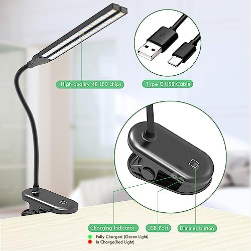 Black Rechargeable LED Clip Reading Light, 2600mAh