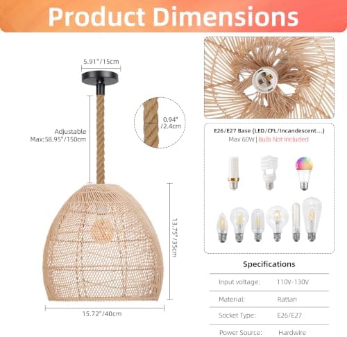 Arturesthome Natural Rattan Pendant Light for Kitchen Island, Woven