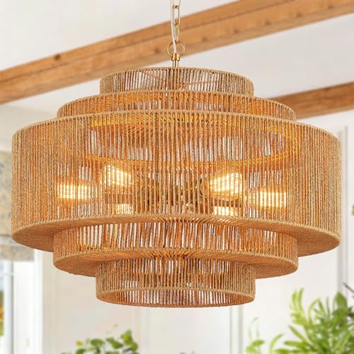 25.68-Inch Gold 6-Light Rattan Chandelier