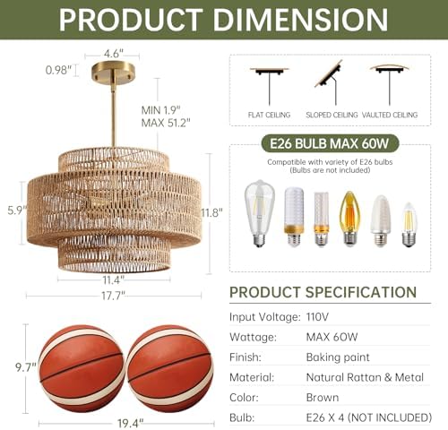 17.7" Rattan Chandelier for Dining Room