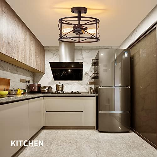 2-Light Black Metal Cage Semi Flush Mount Ceiling Light