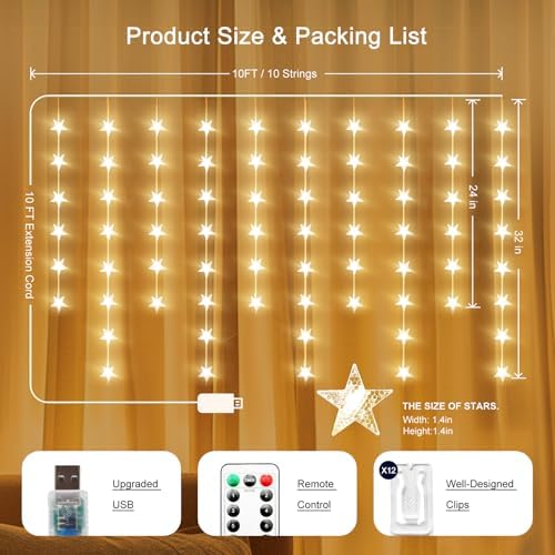 Star Curtain Lights, 70 Stars, Warm White