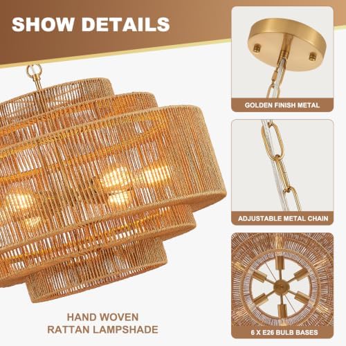 25.68-Inch Gold 6-Light Rattan Chandelier