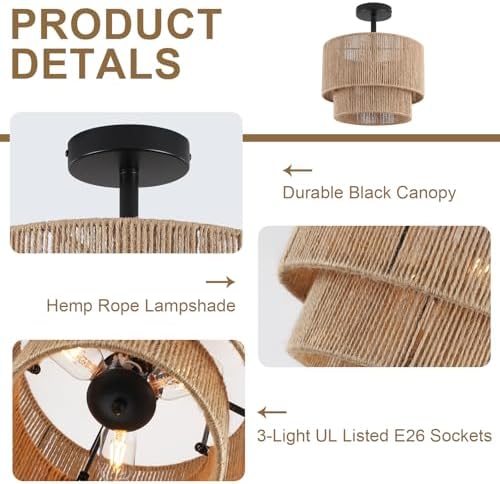 12.6" 3-Light Black Rattan Ceiling Light