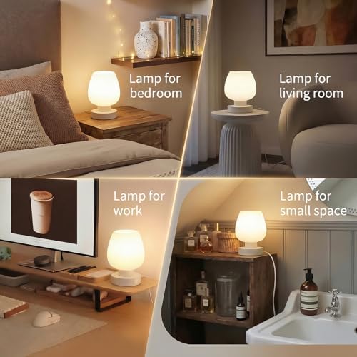 Touch Bedside Table Lamp, USB C+A Charging Ports, White Opal Glass