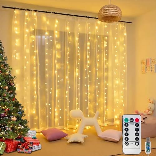Honche 300Led Fairy Curtain String Lights 10x10ft with Remote Window