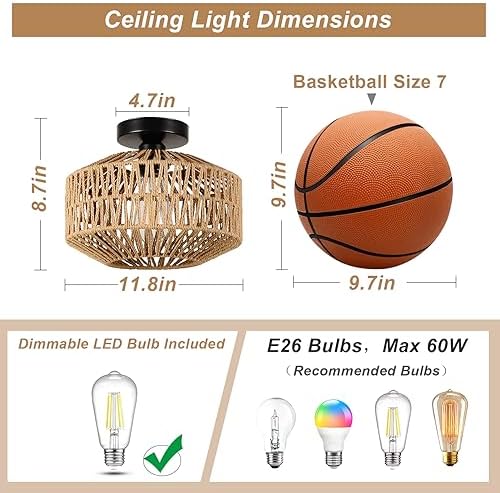 Boho Mini Rattan Ceiling Light, Dimmable LED