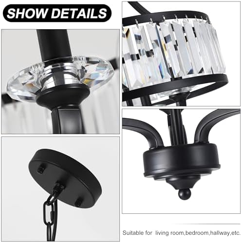 15.75" Modern Black Crystal Chandelier, 3-Light