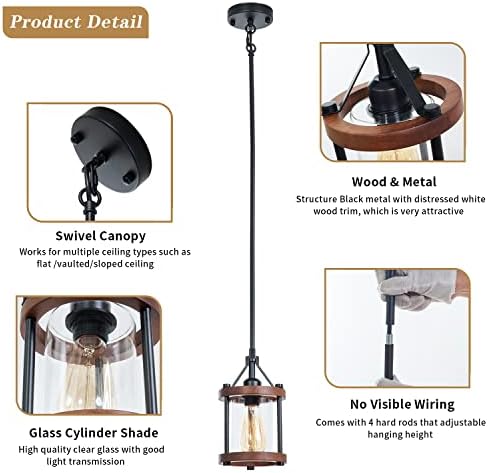Farmhouse Pendant Light, Walnut Wood Metal Cage with Glass, 2-Pack