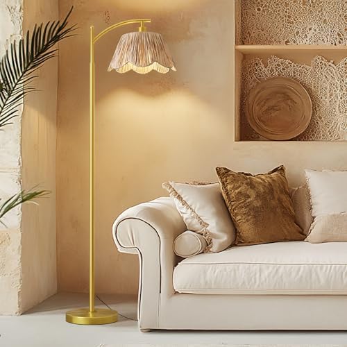 Oneach Arc Floor Lamp, Rattan Boho Shade, Gold Base
