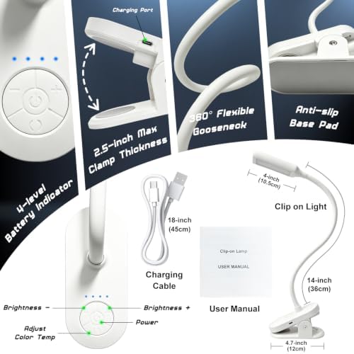 Clip-On Desk Lamp with Clamp for Bed, White