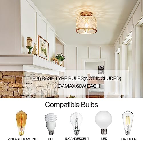 Zlepmlla Semi Flush Mount Ceiling Light, Hammered Glass, Satin Nickel