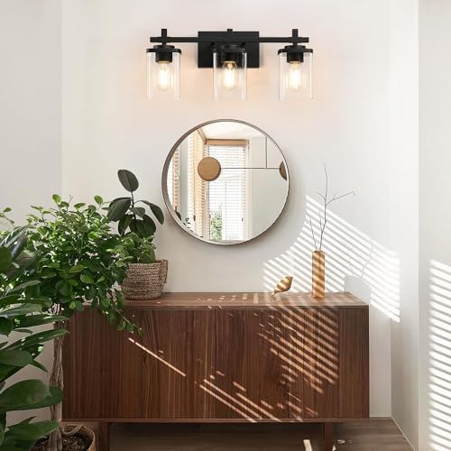 3-Light Black Bathroom Vanity Light with Clear Glass Shade
