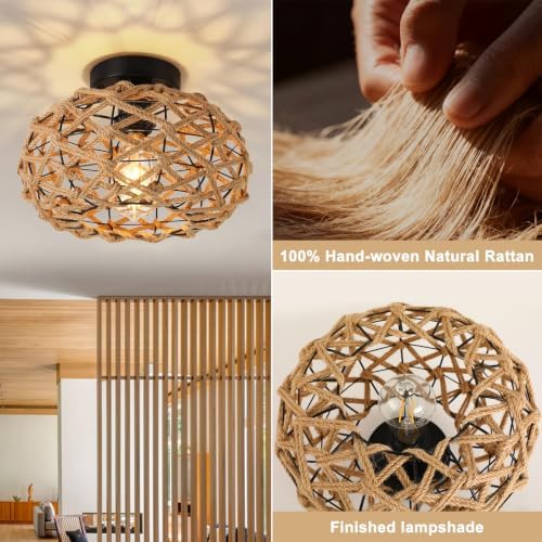 foucasal Rattan Wicker Semi Flush Mount Ceiling Light