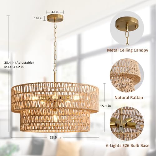 23.6" 6-Light Boho Rattan Chandelier