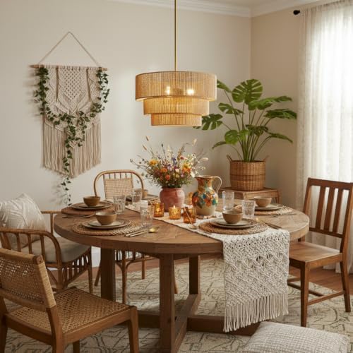 Boho Rattan Chandelier Light,3 Light Hand Woven Pendant Lamp