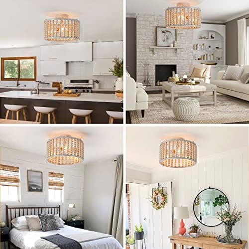 tewei Wood Beaded Boho Chandelier, Oak White