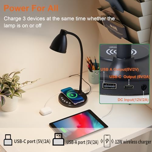 BOHON Desk Lamp, USB C+A Charging Ports, Black