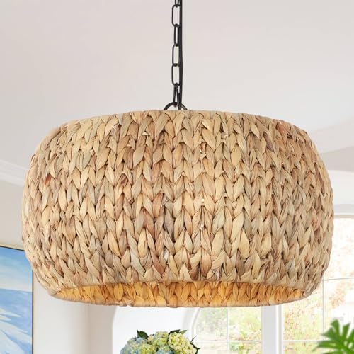 PAUFUL 5-Light Boho Chandelier with Water Hyacinth Lampshade
