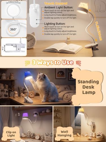 Rechargeable RGB Clip-on Cat Lamp, Dimmable Night Light