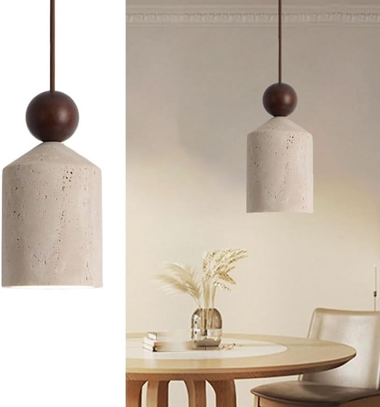 Mid-Century Yellow Travertine Pendant Light, Walnut Color