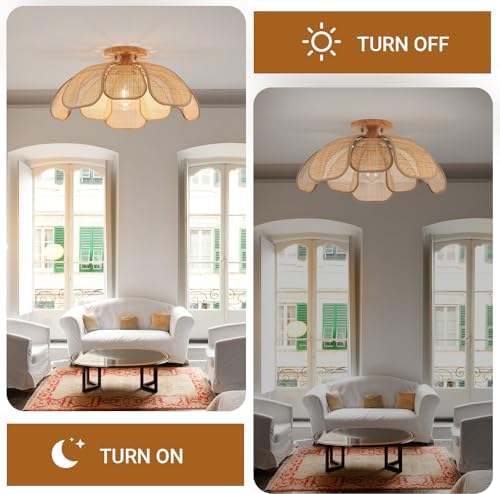 20-Inch Boho Rattan Flush Mount Ceiling Light