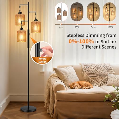 Hotsonic 72" Boho Rattan Tree Floor Lamp, Black