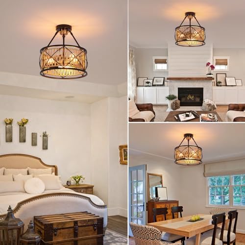 3-Light Hand-Woven Boho Rattan Ceiling Light