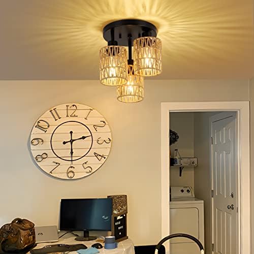 3-Light Boho Rattan Semi-Flush Mount Ceiling Light