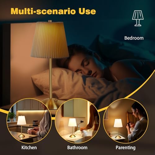 Rechargeable Cordless Table Lamp, 3-Color Dimmable, Beige Shade