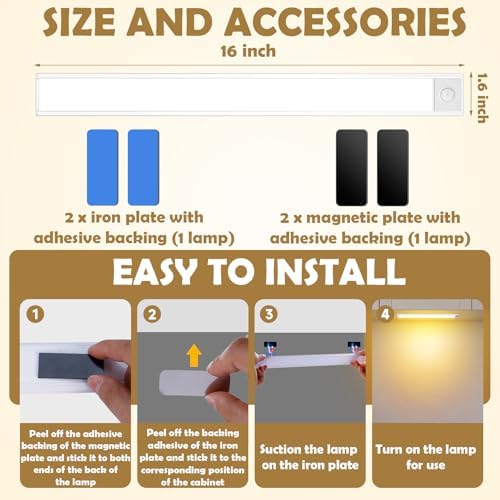 16 Inch 80 LED Rechargeable Motion Sensor Under Cabinet Lights, 6 Pack