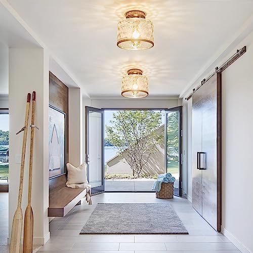 Zlepmlla Semi Flush Mount Ceiling Light, Hammered Glass, Satin Nickel