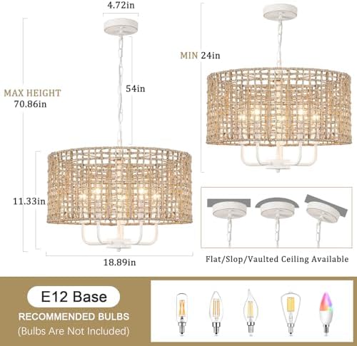 5-Light Brown and White Rattan Chandelier