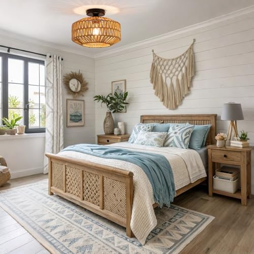 Rattan Boho 1-Light Flush Mount Ceiling Light