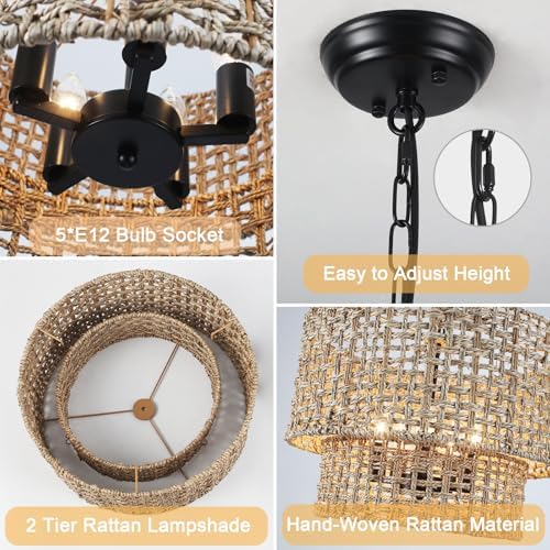 18.9" 5-Light Rattan Drum Chandelier