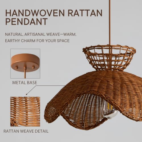 Boho Natural Rattan Pendant Light, 19.7" Scalloped Shade