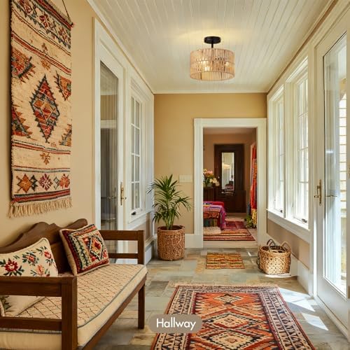 Boho Rattan Drum Semi-Flush Mount Ceiling Light