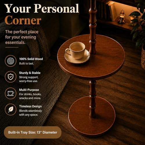 Real Wood Floor Lamp with Built-in Tray, Light Walnut