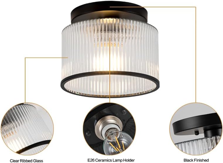 Zlepmlla Clear Ribbed Glass Semi Flush Mount Ceiling Light