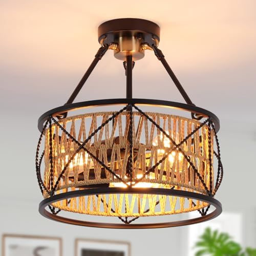 3-Light Hand-Woven Boho Rattan Ceiling Light