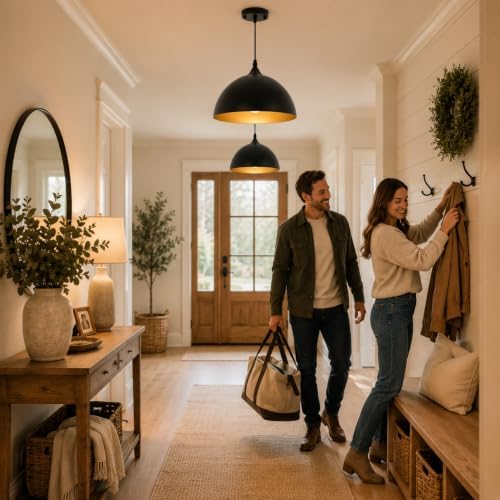 Farmhouse Dome Pendant Light, Black and Gold, 2-Pack