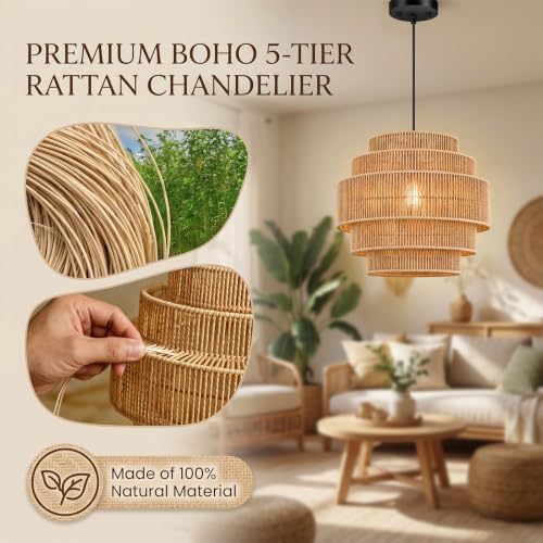 5-Tier Rattan Chandelier, 13” Pendant Light
