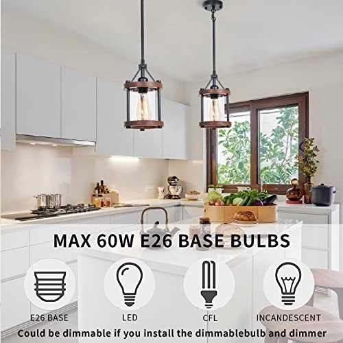 Farmhouse Pendant Light, Walnut Wood Metal Cage with Glass, 2-Pack