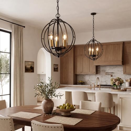 3-Light Farmhouse Chandelier, Black Metal Globe Pendant Light