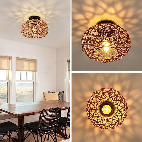 foucasal Rattan Wicker Semi Flush Mount Ceiling Light