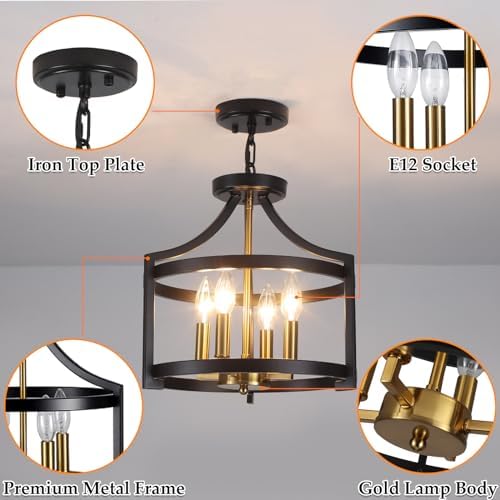 Farmhouse 4-Light Black and Gold Chandelier